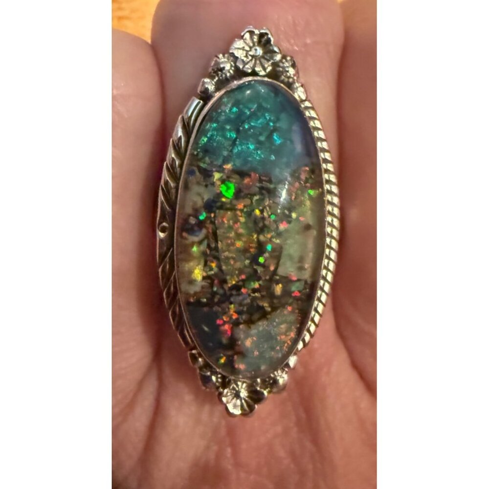 Galaxy Opal Sterling Silver Ring Size 8 Closed Back - Picture 4 of 7
